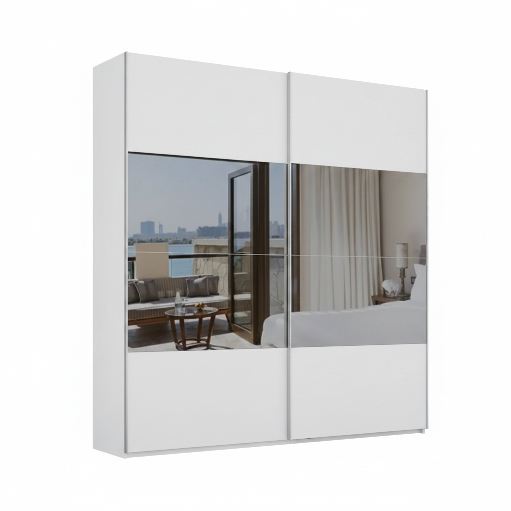 Modern white wardrobe with grey mirror glass sliding doors