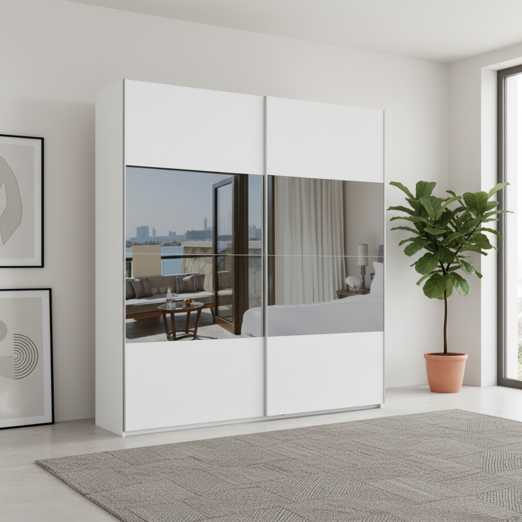 Shop the Rauch Nimbus White & Grey Mirror Sliding Wardrobe with configurable mirror panels, free assembly and 10-year warranty.
