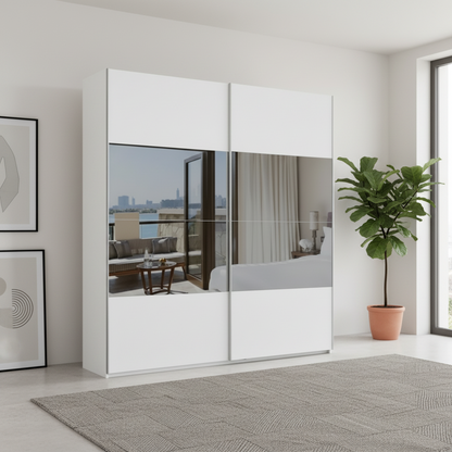 Shop the Rauch Nimbus White & Grey Mirror Sliding Wardrobe with configurable mirror panels, free assembly and 10-year warranty.