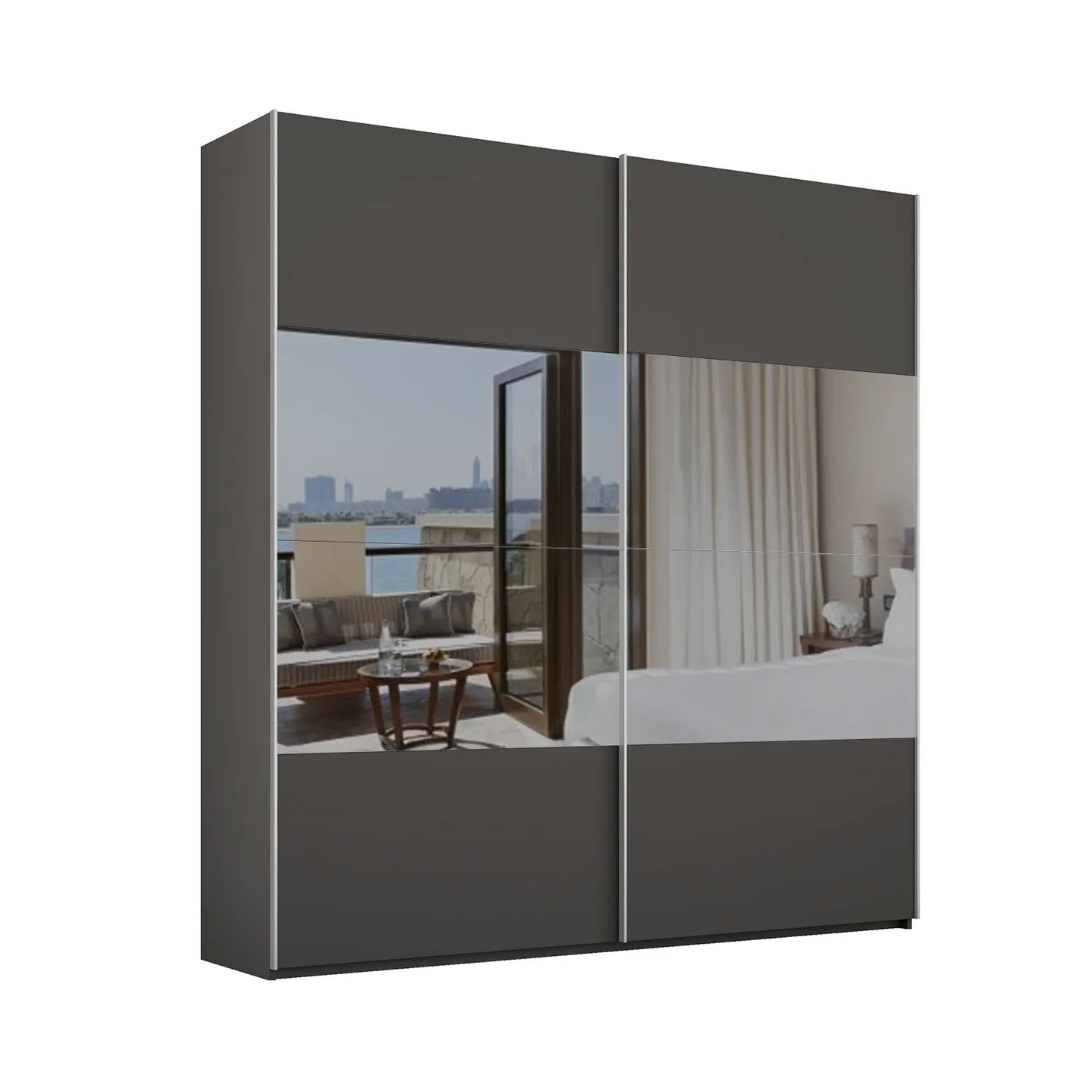 Modern graphite wardrobe with grey mirror glass sliding doors