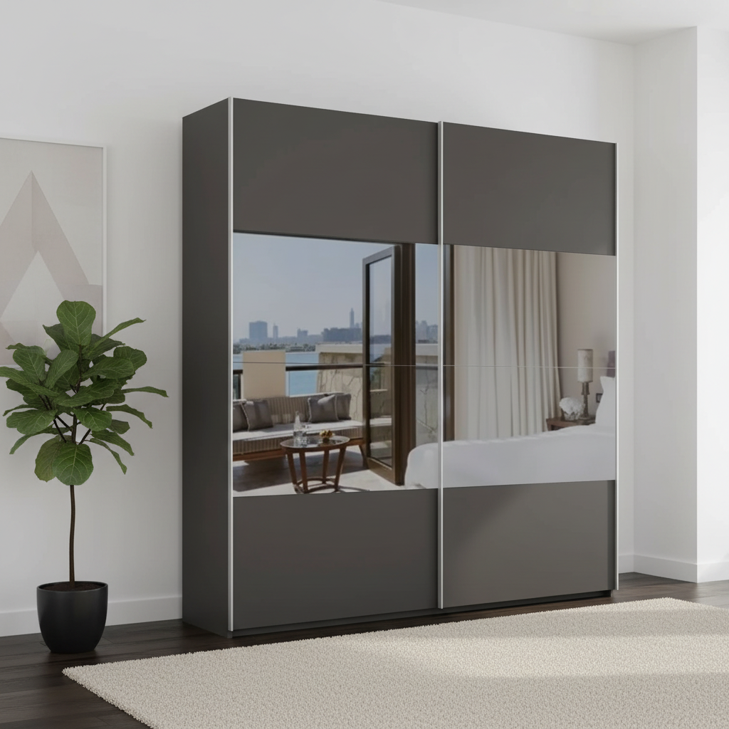 Shop the Rauch Nimbus Graphite & Grey Mirror Sliding Wardrobe with configurable mirror panels, free assembly and 10-year warranty.