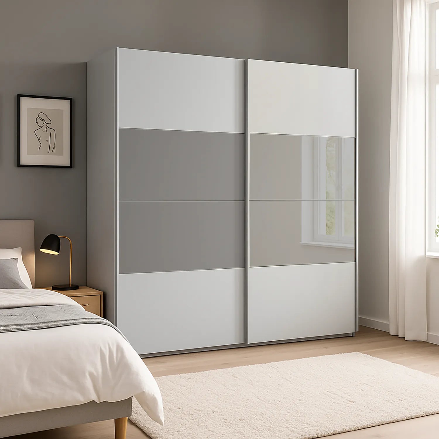 Modern Nimbus Grey wardrobe with sliding doors and Grey Mirror styled in a room