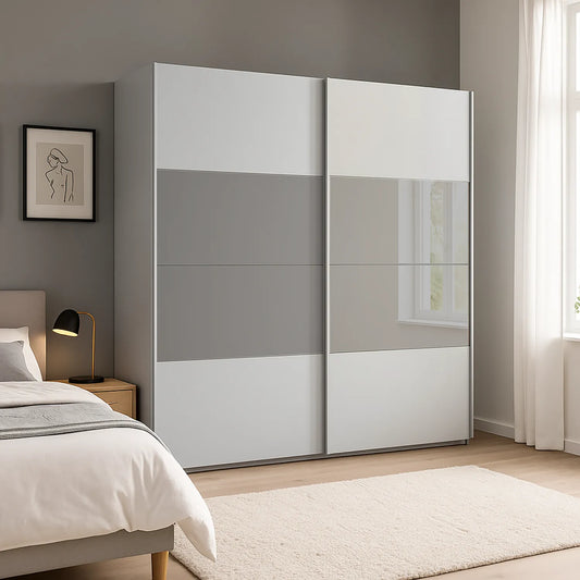 Modern Nimbus Grey wardrobe with sliding doors and Grey Mirror styled in a room