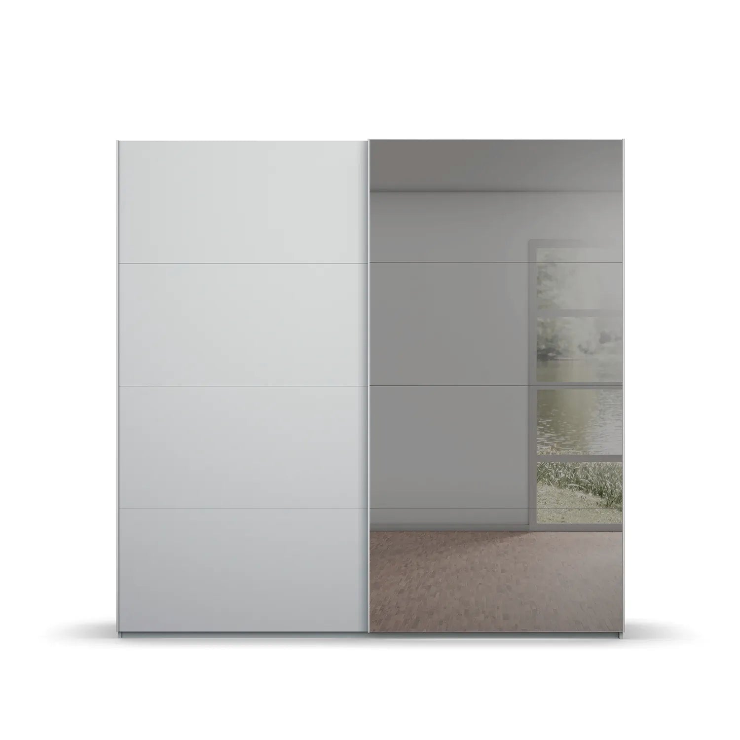 Nimbus wardrobe with sliding doors one is silk grey decor and one grey mirror on a white background
