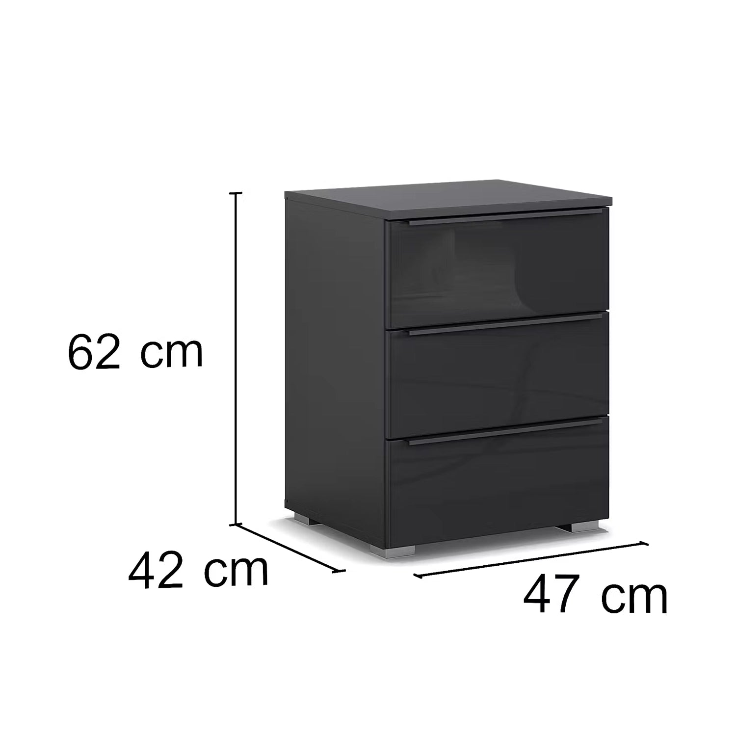 Rauch Novus 3 Drawer Beside Table With Glass in Graphite - Dmensions