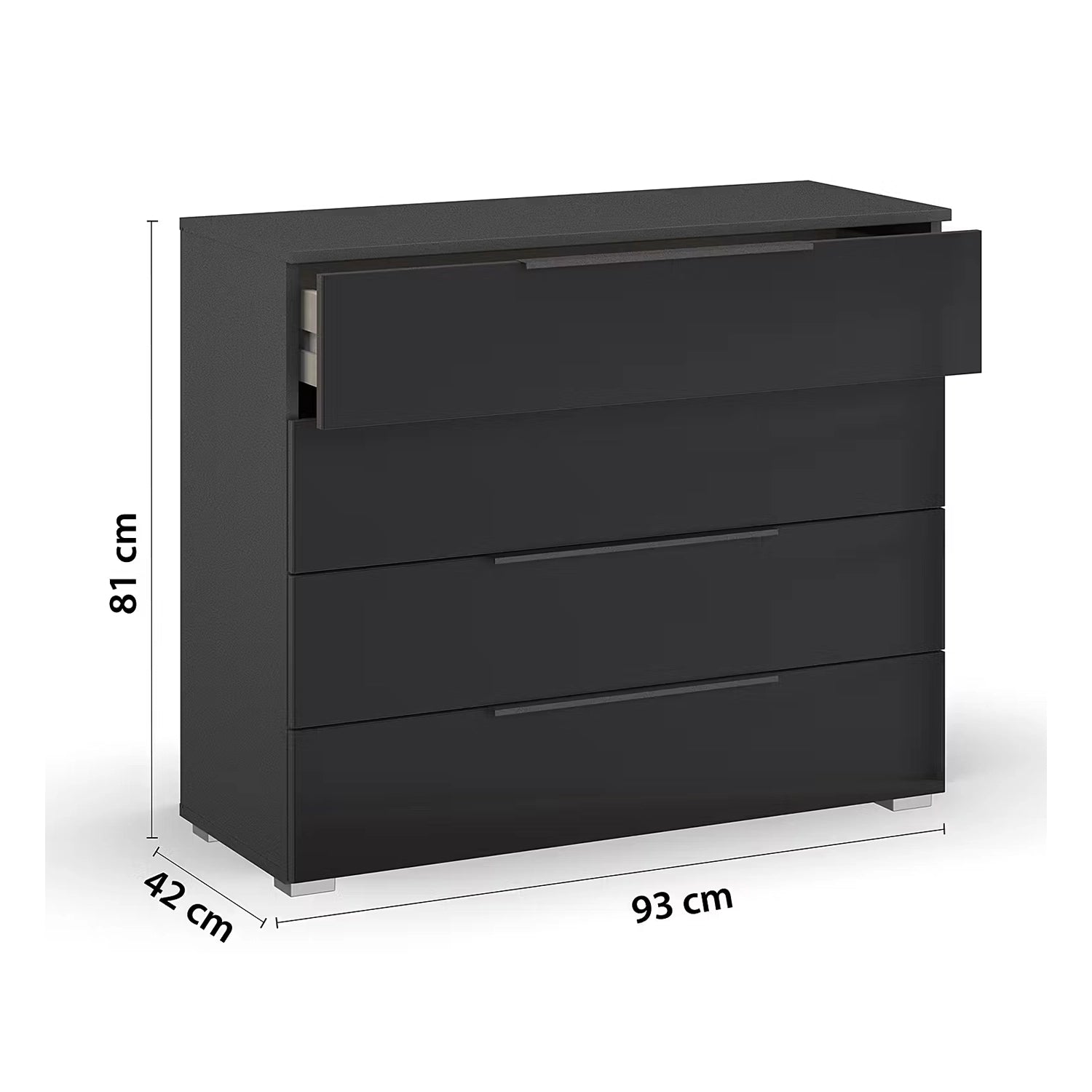 Rauch Novus 4 Drawer Wide Chest With Glass in Graphite - Dimensions