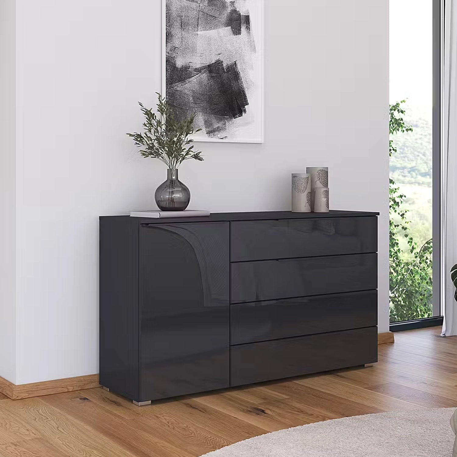Rauch Novus Large 1 Door 4 Drawer Chest With Glass in Graphite - W140cm - Styled in a Bedroom