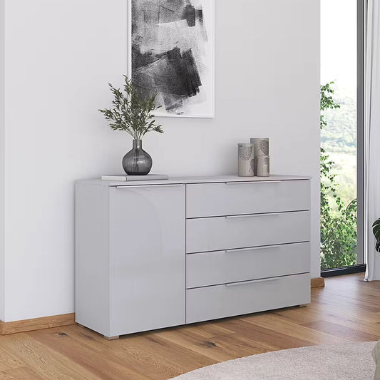Rauch Novus Large 1 Door 4 Drawer Chest With Glass in Silk Grey - W140cm - Styled in a Bedroom