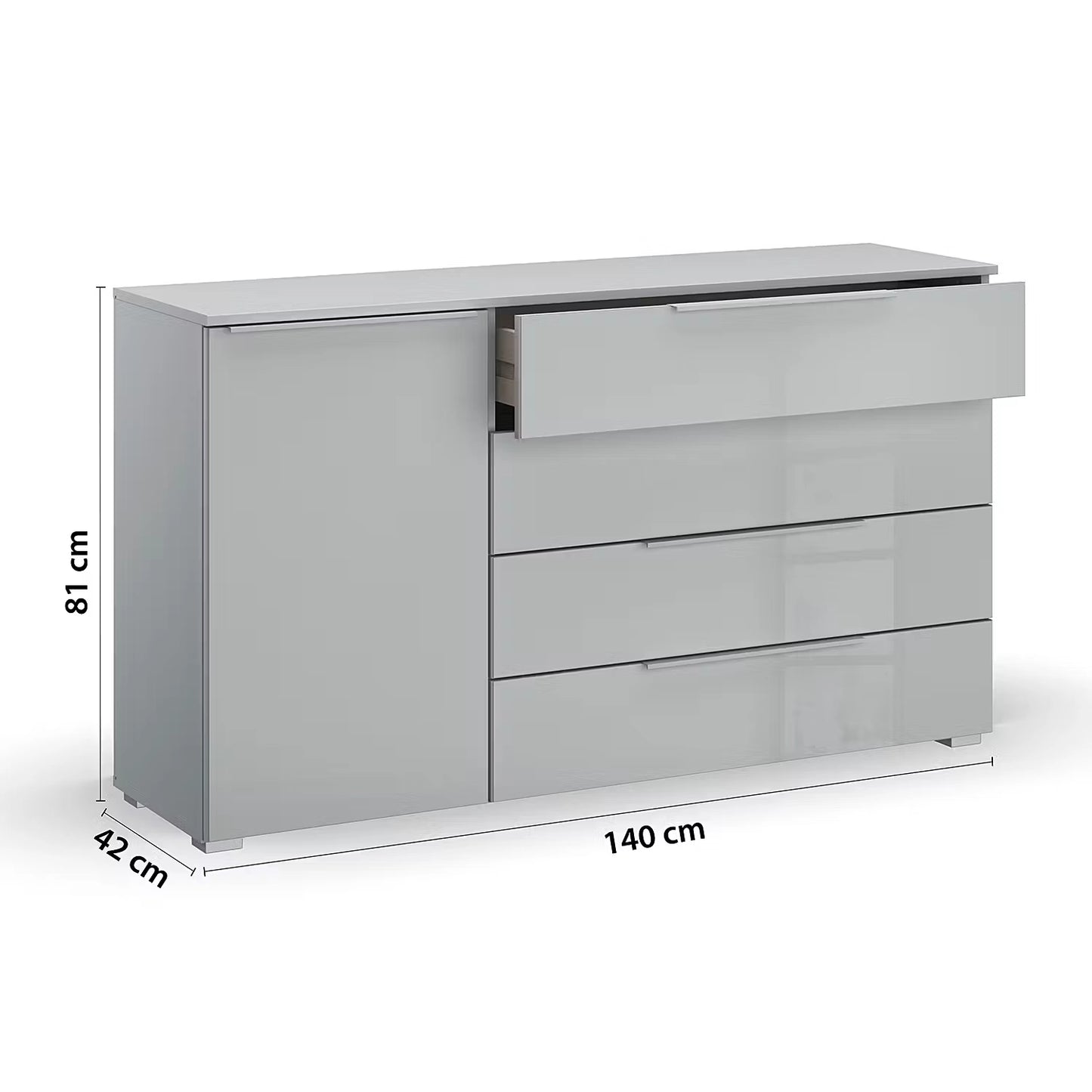 Rauch Novus Large 1 Door 4 Drawer Chest With Glass in Silk Grey - W140cm - Dimensions
