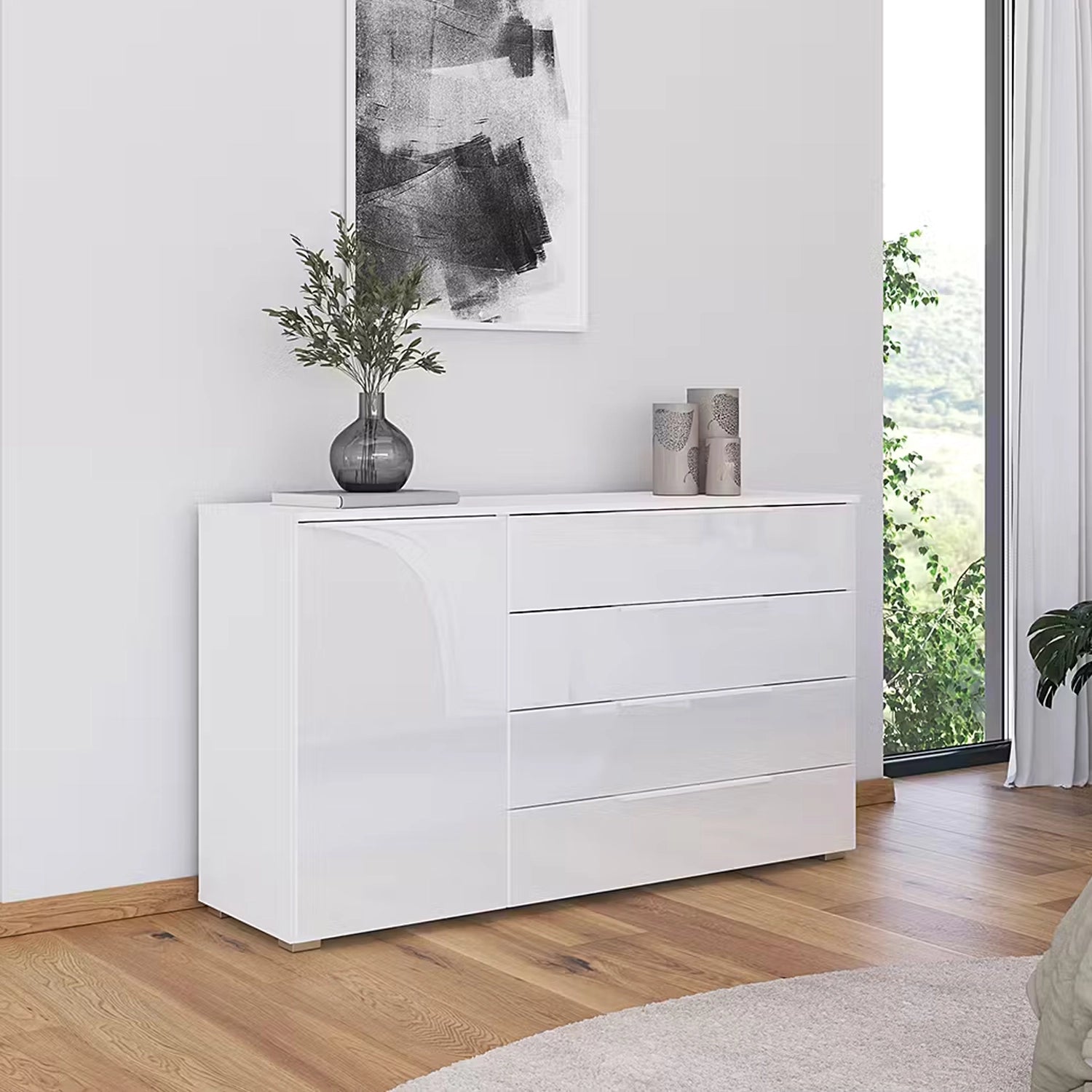 Rauch Novus Large 1 Door 4 Drawer Chest With Glass in White - W140cm - Styled in a Bedroom