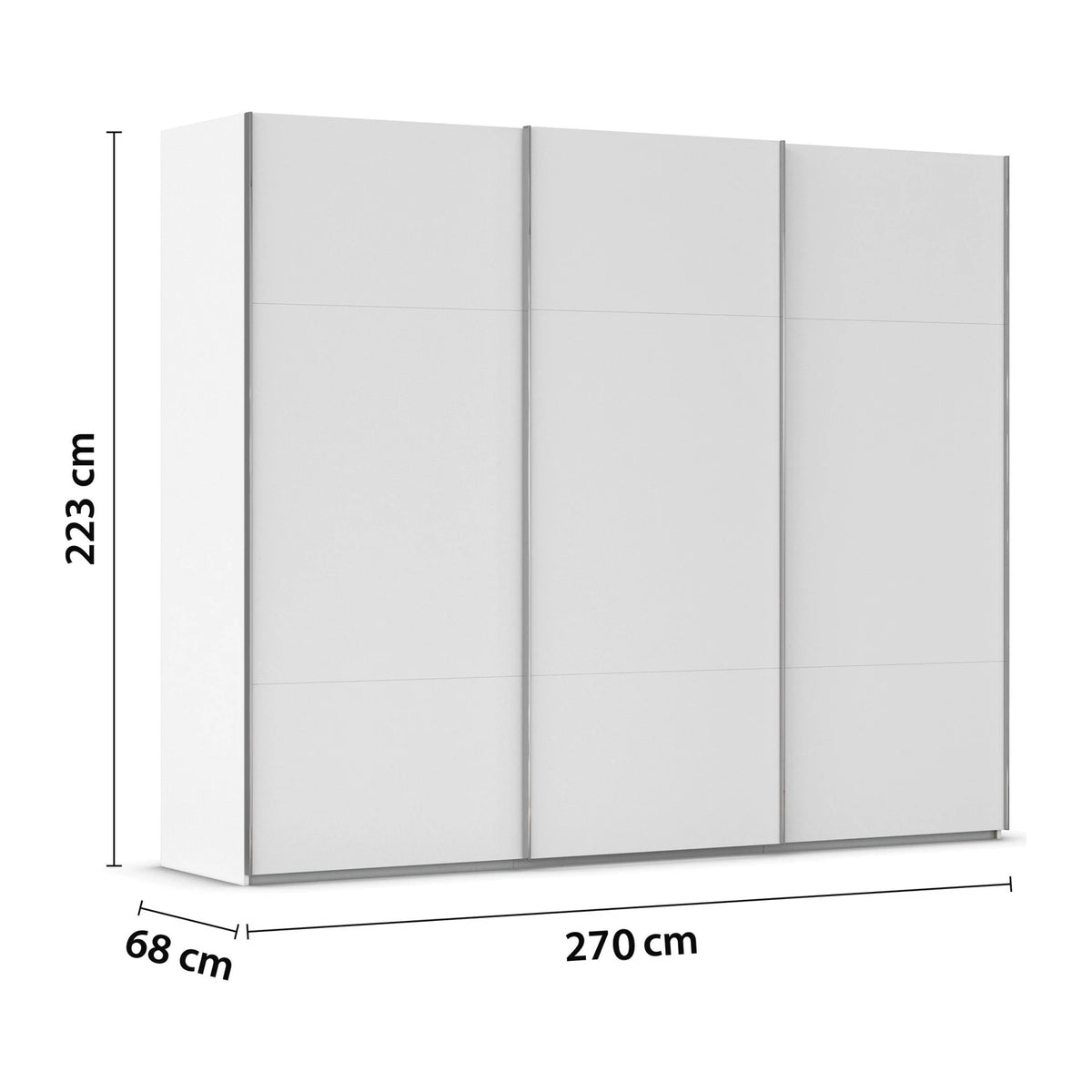 Rauch 270cm White Large 3 door Contido Sliding Wardrobe with Premium Interior  with dimensions labeled on a white background