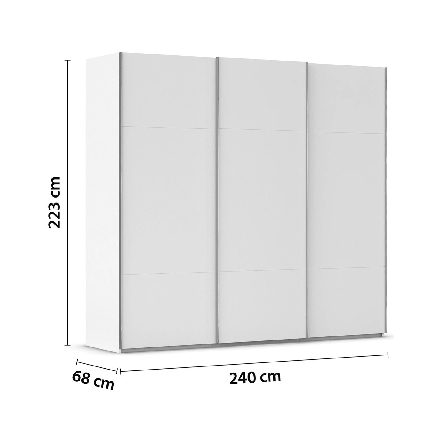 Rauch 240cm White Large 3 door Contido Sliding Wardrobe with Premium Interior  with dimensions labeled on a white background