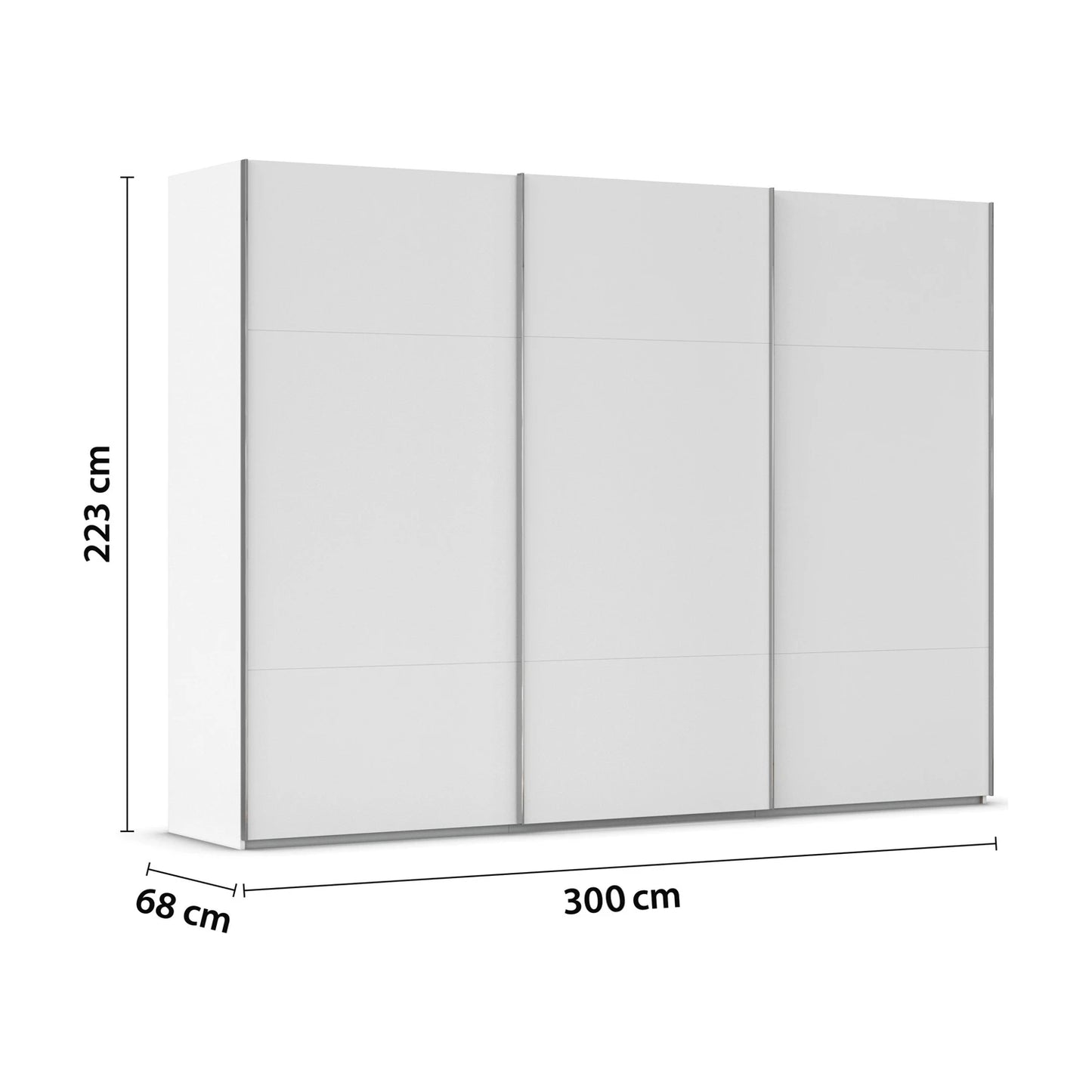 Rauch 300cm White Large 3 door Contido Sliding Wardrobe with Premium Interior  with dimensions labeled on a white background