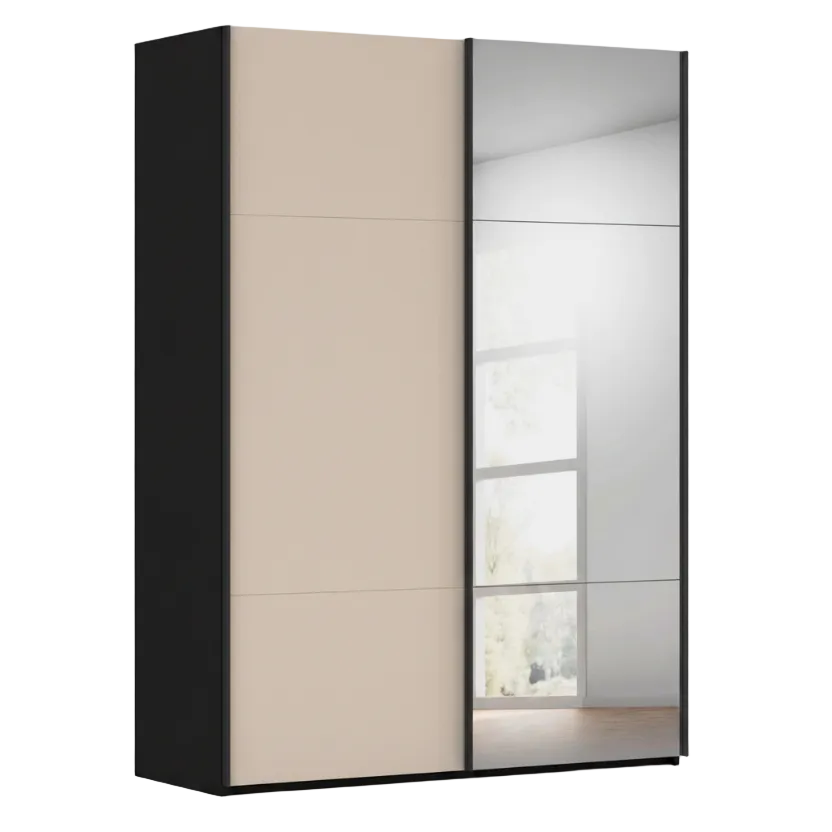 Rauch Orange Plus Contido Sliding two door wardrobe with mirror and black handles
