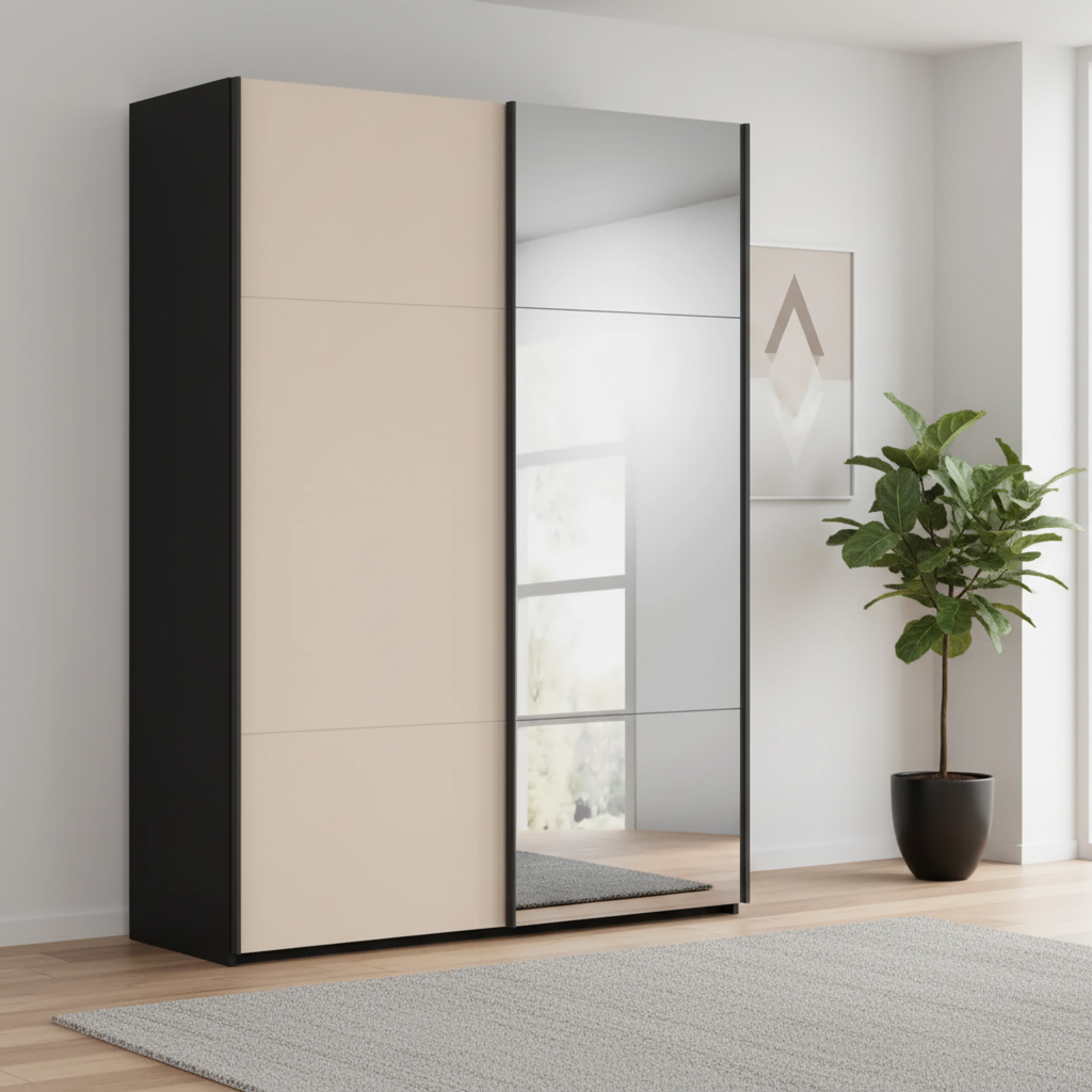 A modern wardrobe or tall Rauch Contido Wardrobe with two sliding doors: one in a matte warm beige tone and one in a mirrored finish, set against a plain white background.