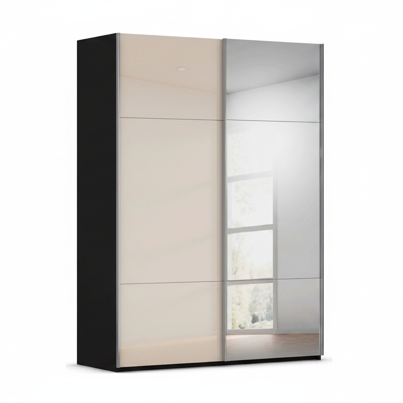 Rauch Contido Champagne Glass Front 2 Door sliding wardrobe with one mirror door and Black Carcase