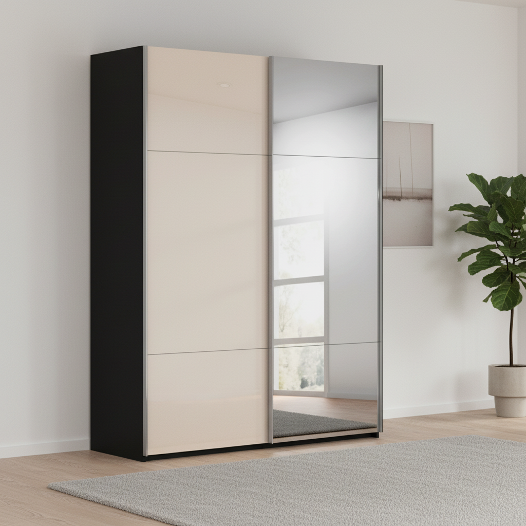Rauch Orange Plus contido Black Carcase and Champagne Glass Front two Door Sliding Wardrobe with Mirror 