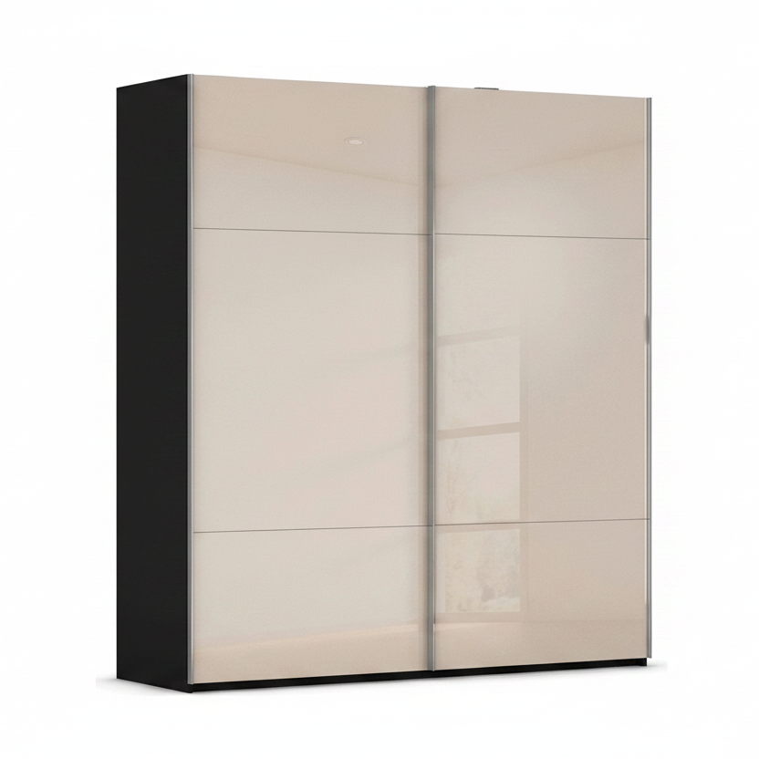 German-made Rauch Contido sliding wardrobe with champagne fronts and a black carcase. Décor, glass and mirror options. Choose 160cm, 180cm or 200cm.
