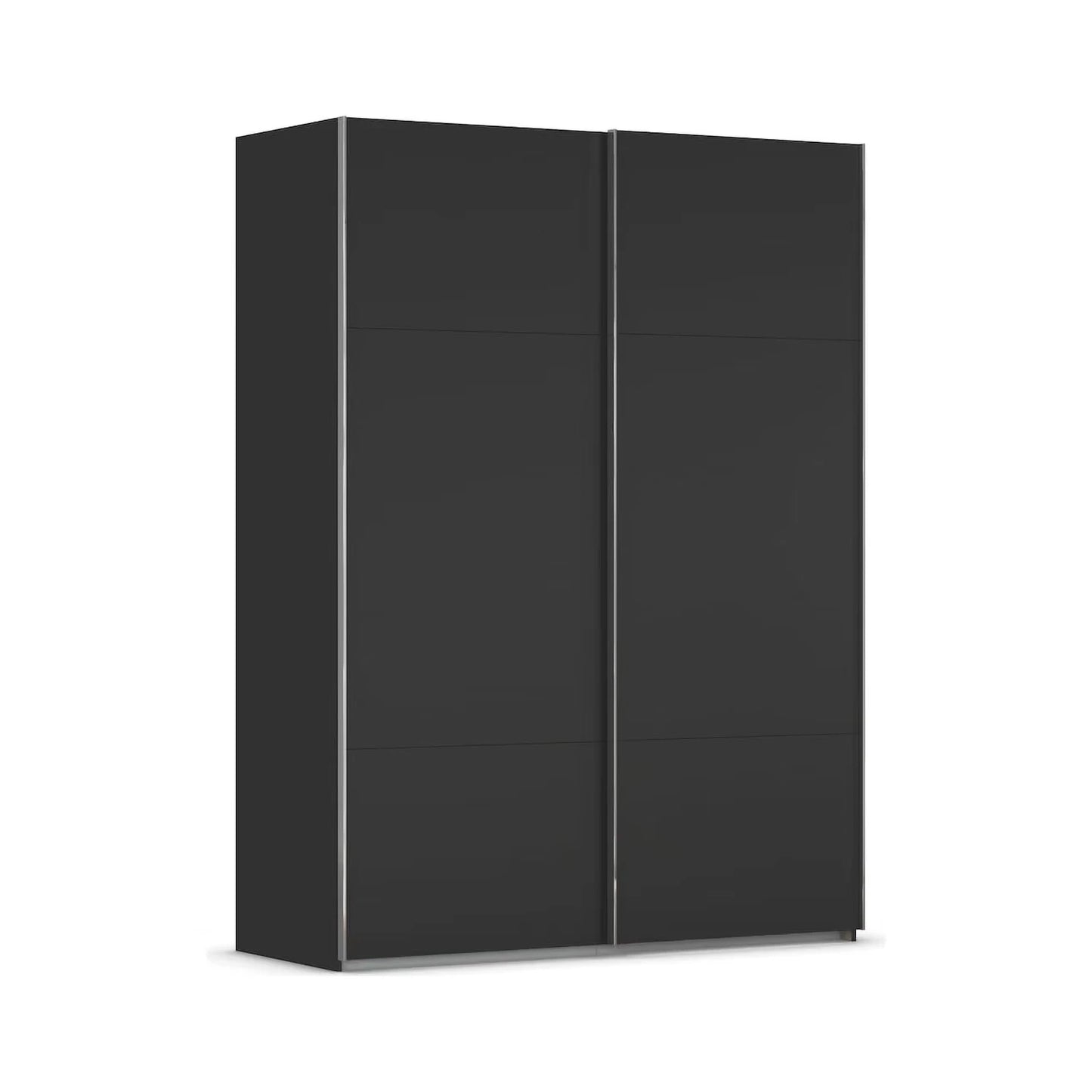 A modern two-door wardrobe or closet cabinet in a glossy dark charcoal gray finish, shown from a three-quarter angle against a plain white background.