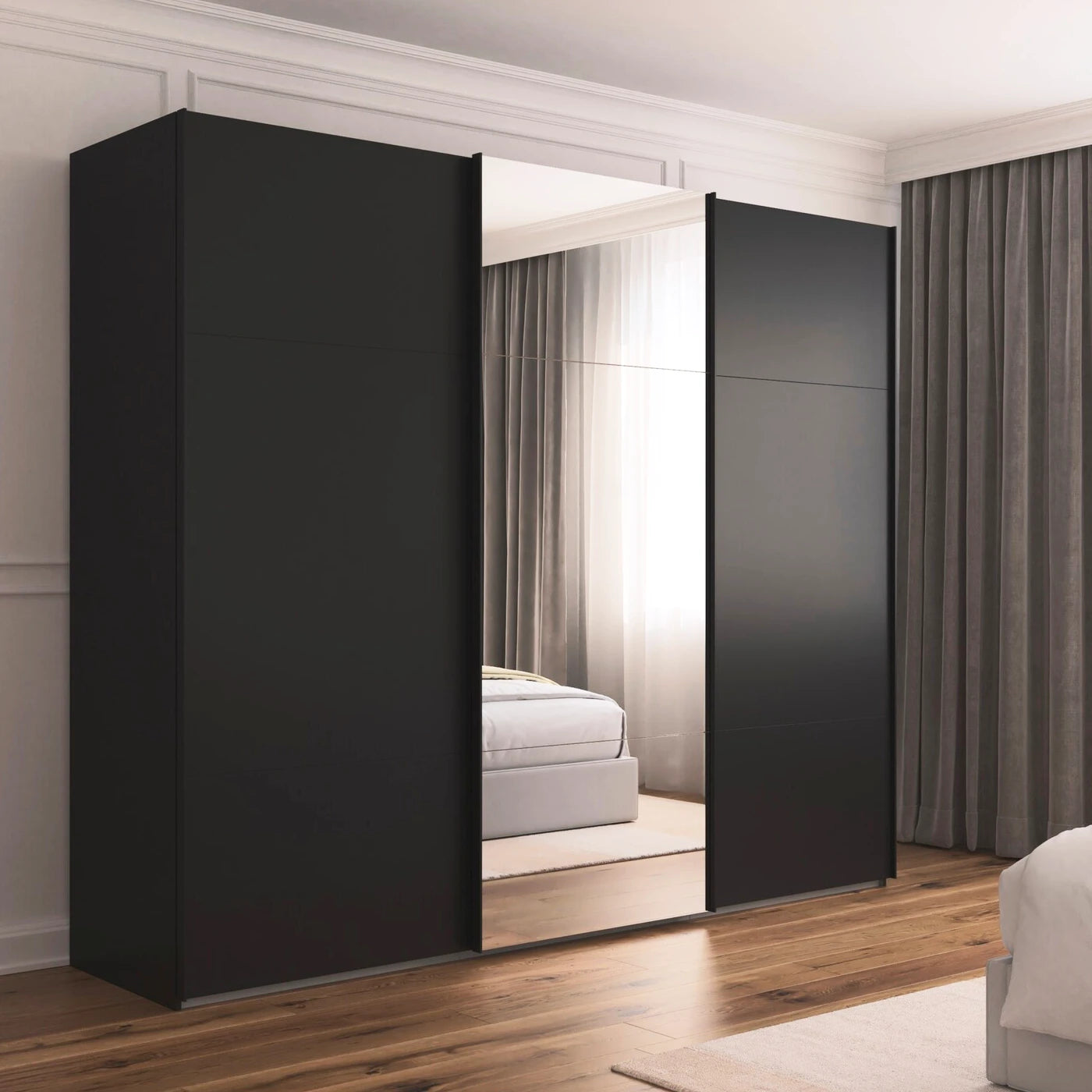 Rauch Orange Plus Contido Large 3 Door Sliding Wardrobe With Mirror on the Middle Door in Black Colour 