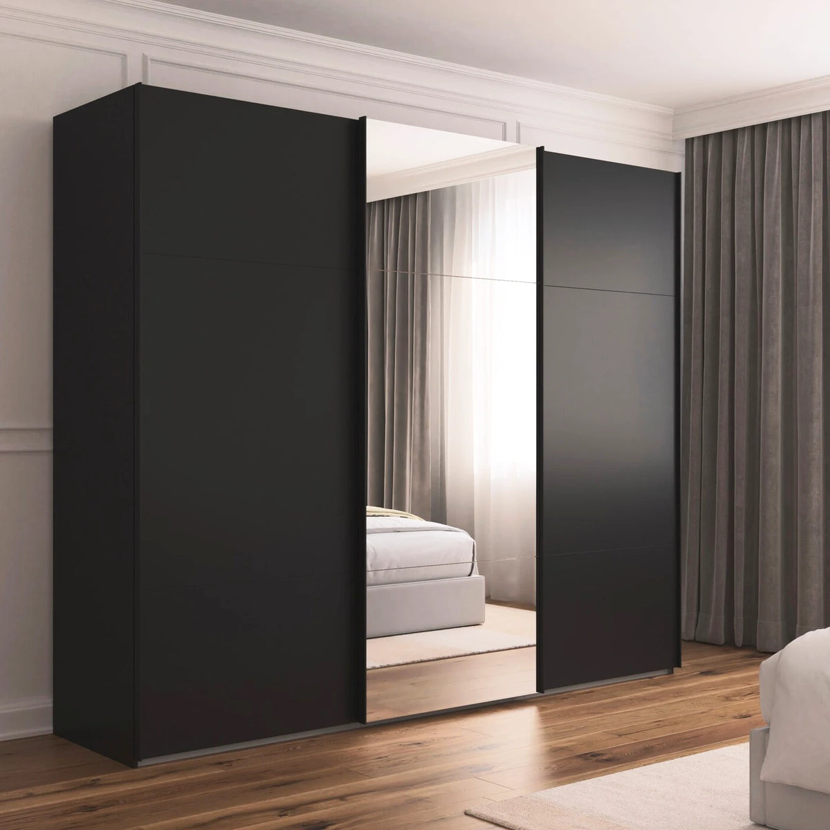 Rauch Orange Plus Contido Large 3 Door Sliding Wardrobe With Mirror on the Middle Door in Black Colour 