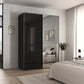 Rauch Orange Plus Contido black glass sliding wardrobe With 1 Mirror door showing the shorter top and bottom panels either side of the tall centre panel Chrome Handles