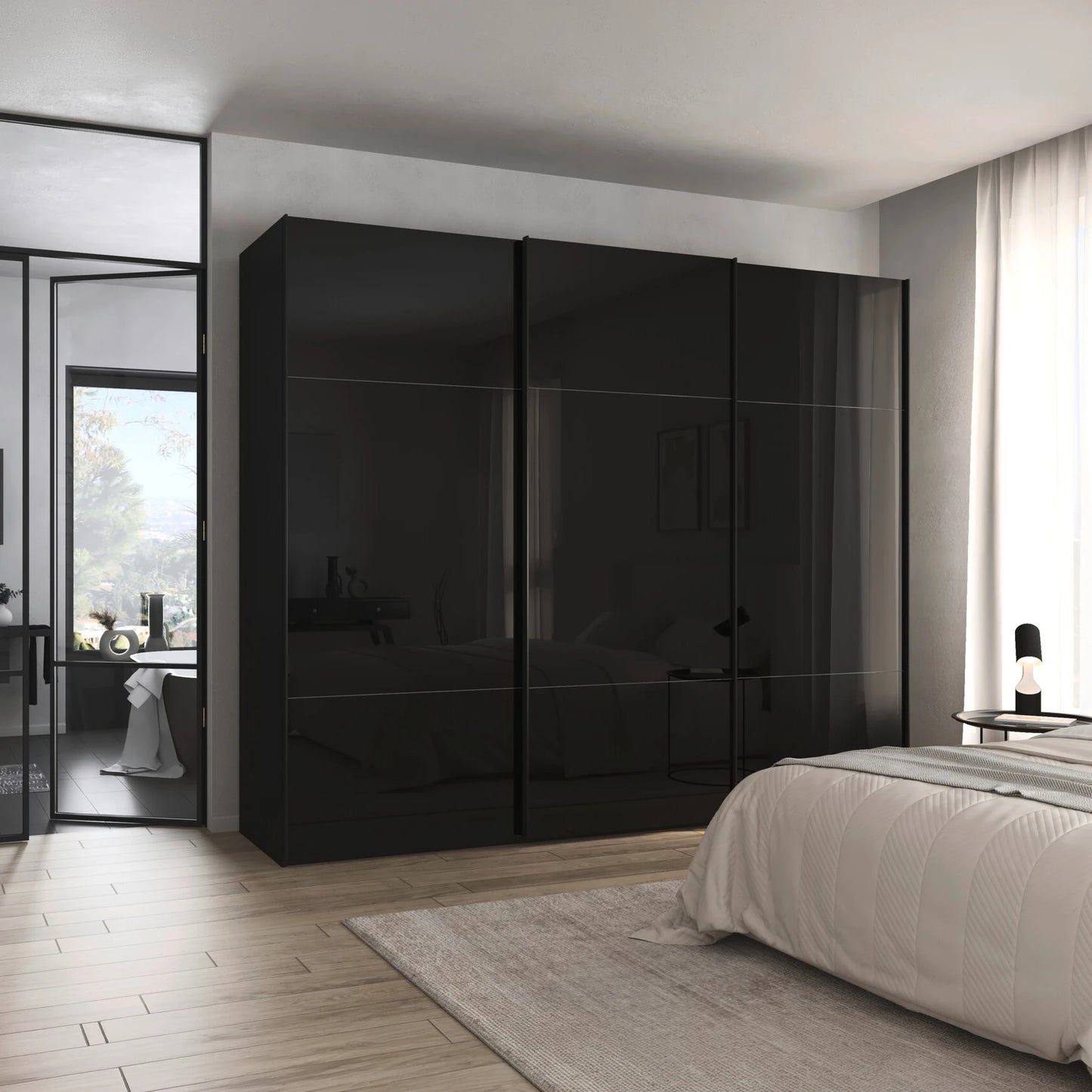 Rauch Orange Plus Contido Black Glass front Large 3 Door Sliding Wardrobe 