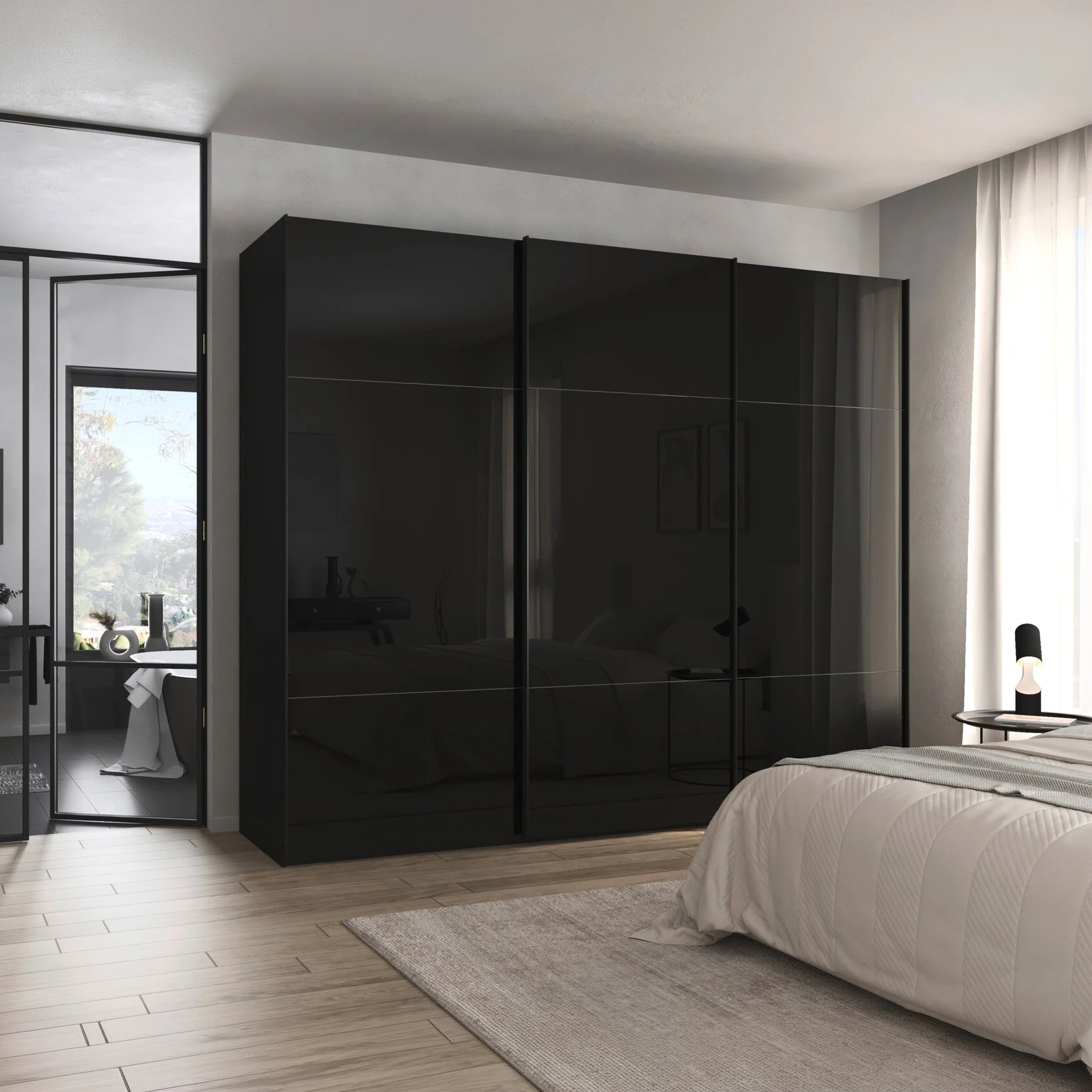 Rauch Orange Plus Contido Black Glass front Large 3 Door Sliding Wardrobe 