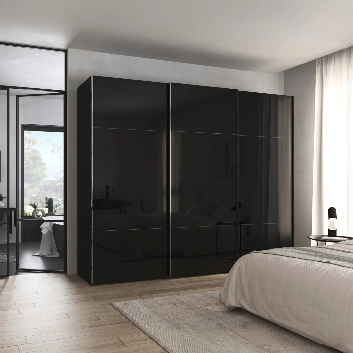 Rauch Orange Plus Contido Large 3 Door Sliding Wardrobe in Black Glass Colour 