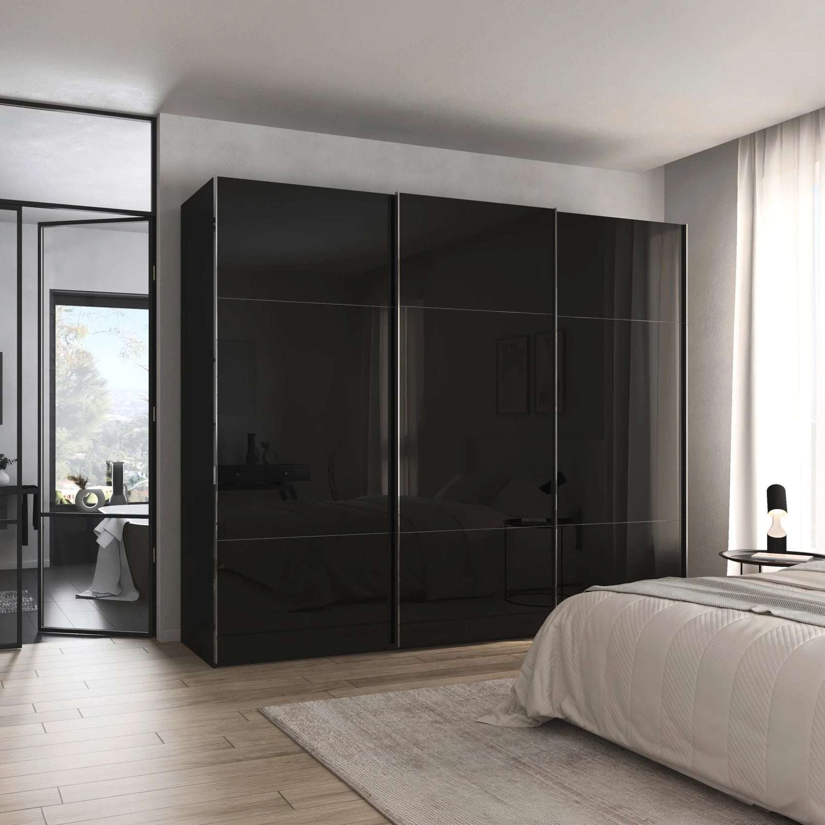 Rauch Orange Plus Contido Large 3 Door Sliding Wardrobe in Black Glass Colour 