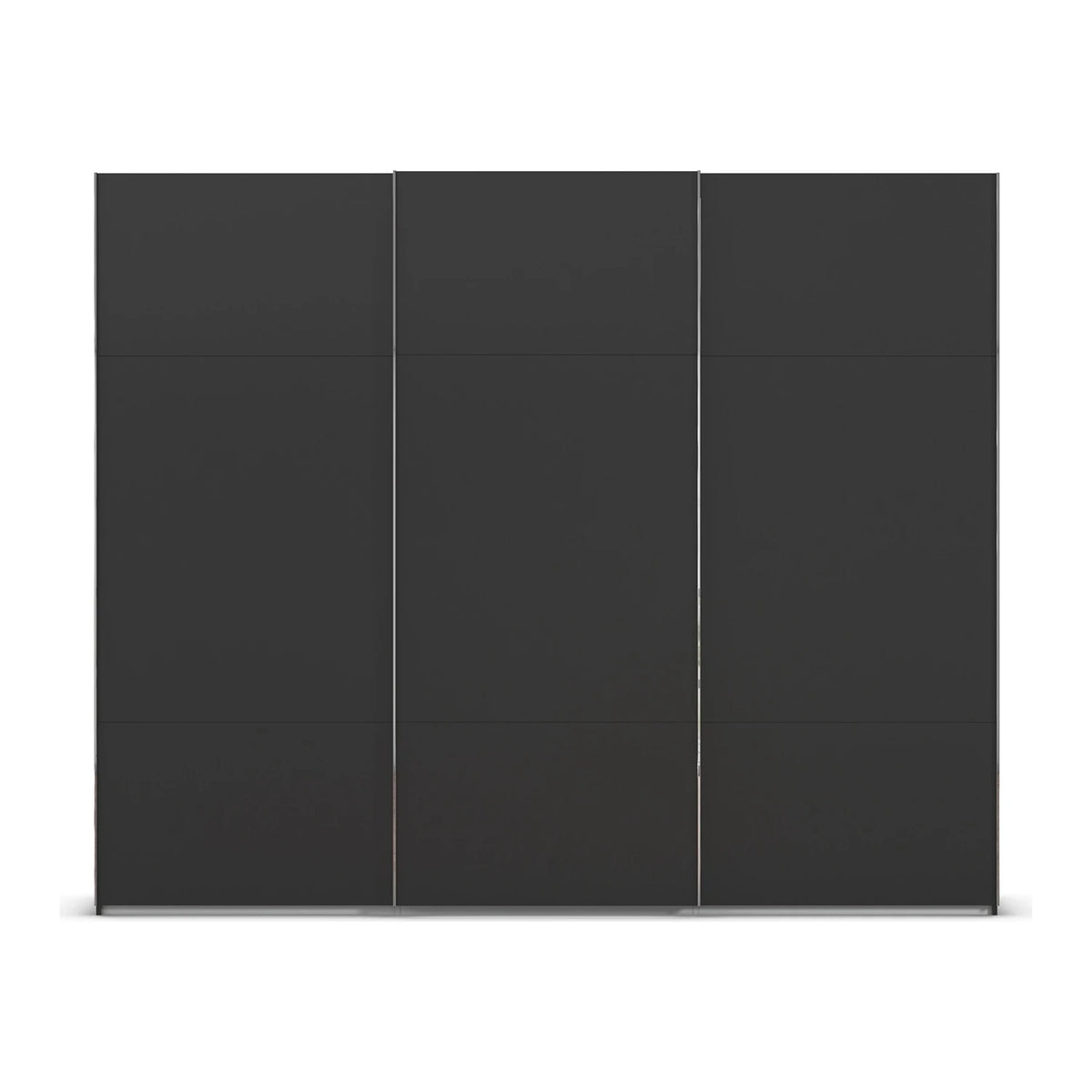 A modern three-panel sliding wardrobe door set in a matte dark charcoal gray finish, shown against a plain white background.