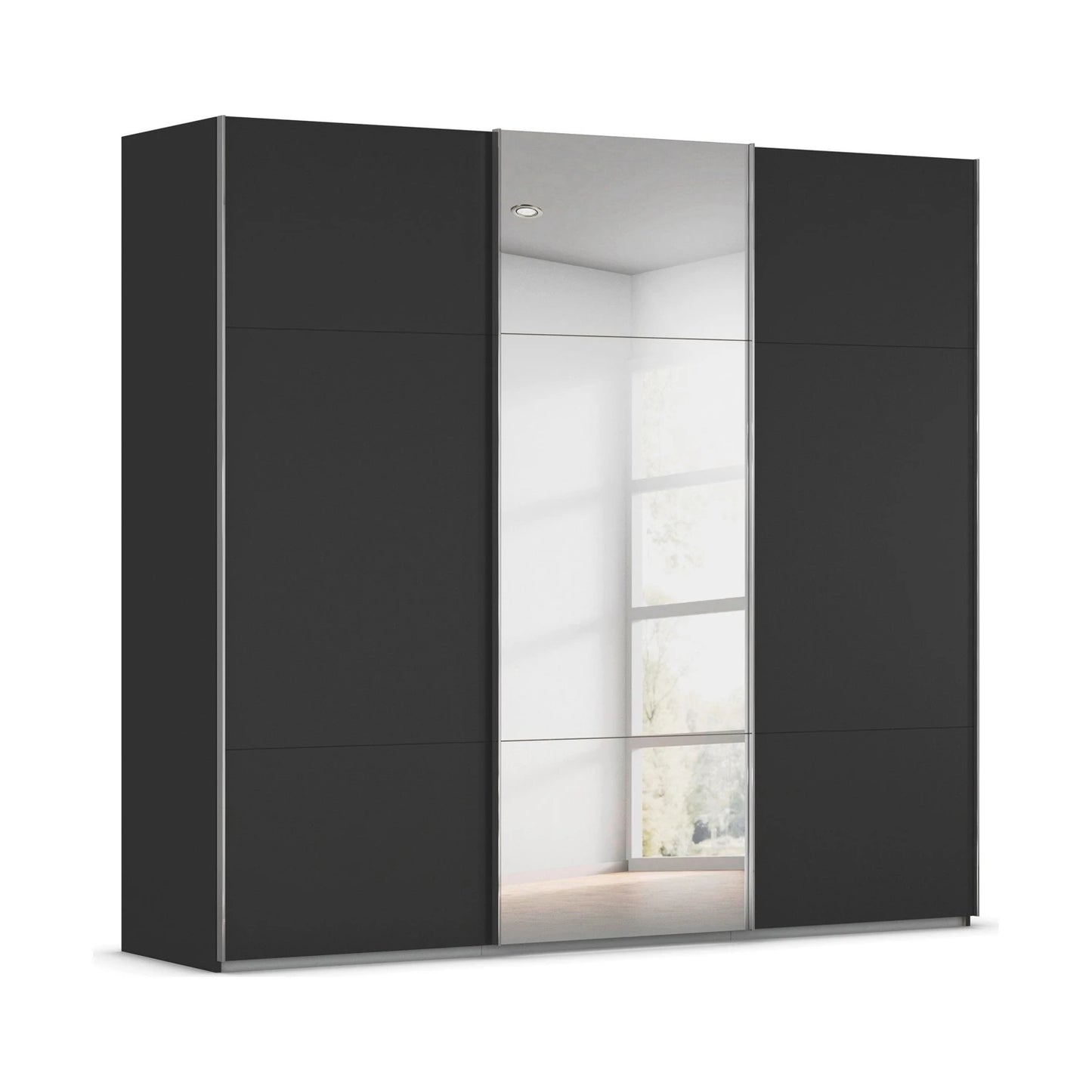 Rauch Orange Plus Contido Large Black Matt colour 3 Door Sliding Wardrobe with Mirror on the Middle door