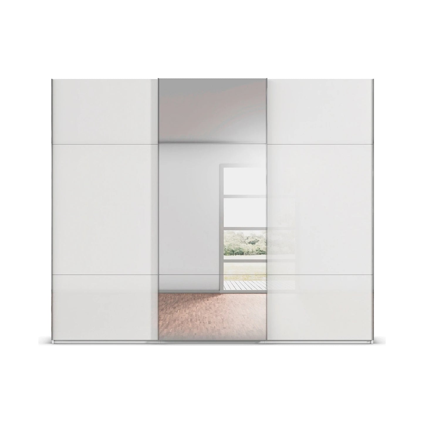 A modern Rauch Contido White Glass sliding wardrobe door wardrobe with Mirror on the Middle Door 