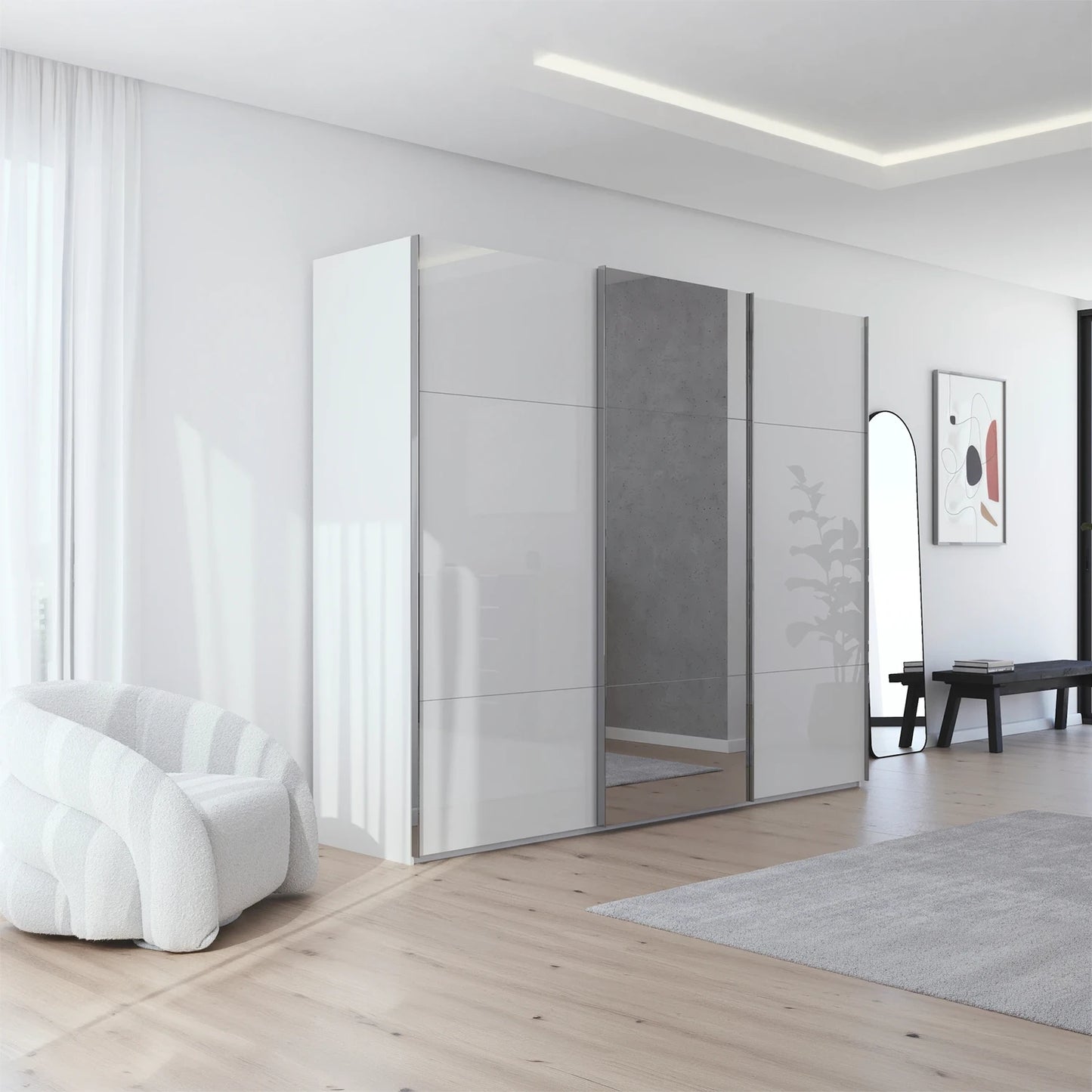 Rauch Orange Plus contido White Glass front three door sliding Wardrobe With Mirror on the Middle Door