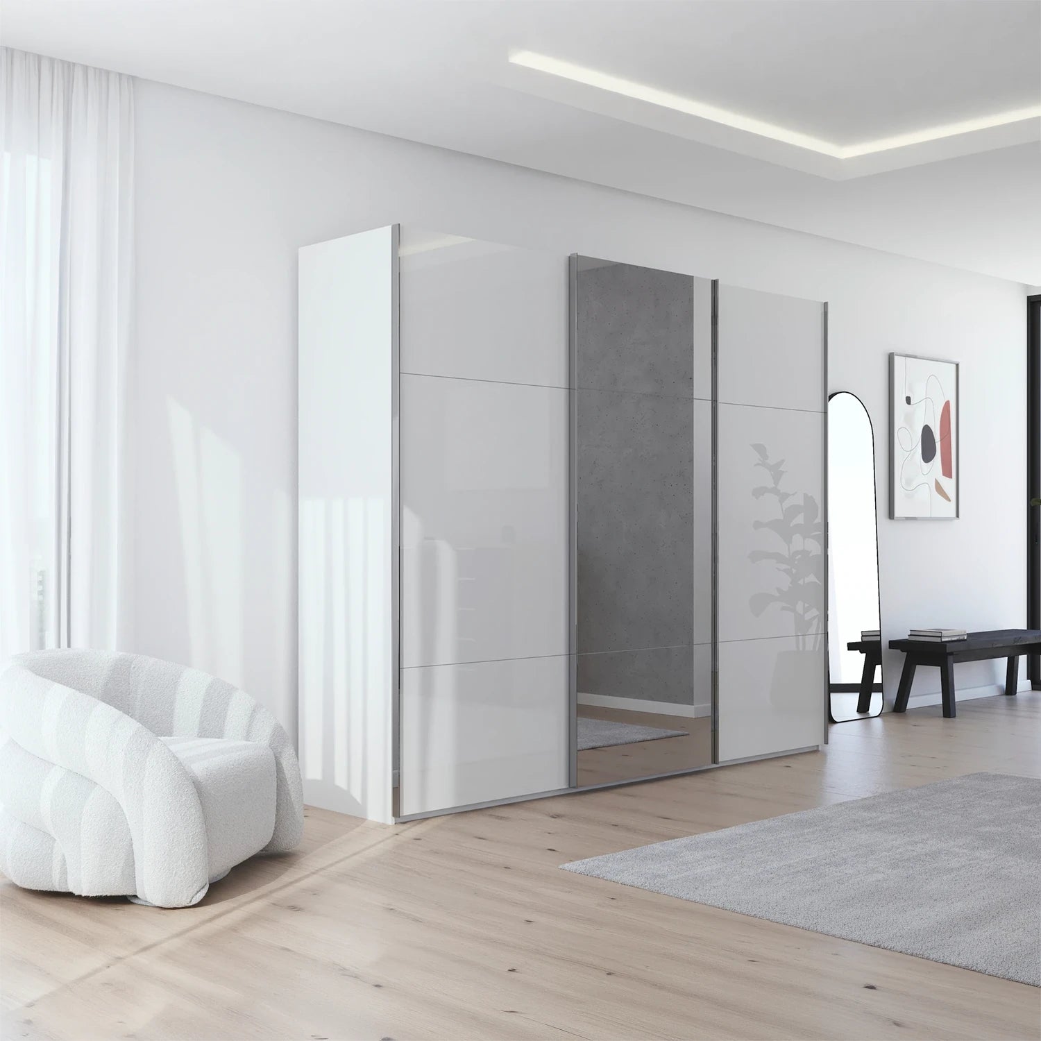 Rauch Orange Plus contido White Glass front three door sliding Wardrobe With Mirror on the Middle Door