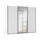 A modern Rauch Contido White Glass sliding wardrobe door wardrobe with Mirror on the Middle Door and Black Handle Bars