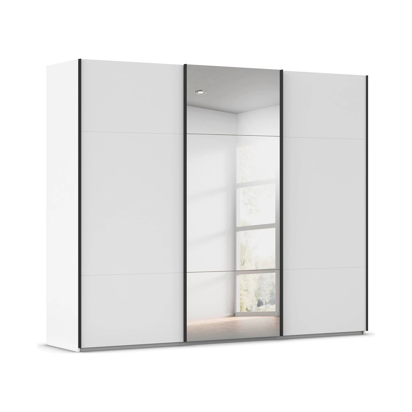 A modern Rauch Contido White Glass sliding wardrobe door wardrobe with Mirror on the Middle Door and Black Handle Bars