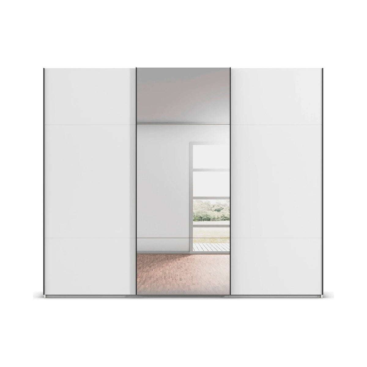 A modern Rauch Contido White Glass Large 3M sliding door wardrobe with Mirror on the Middle Door and Black Handle Bars