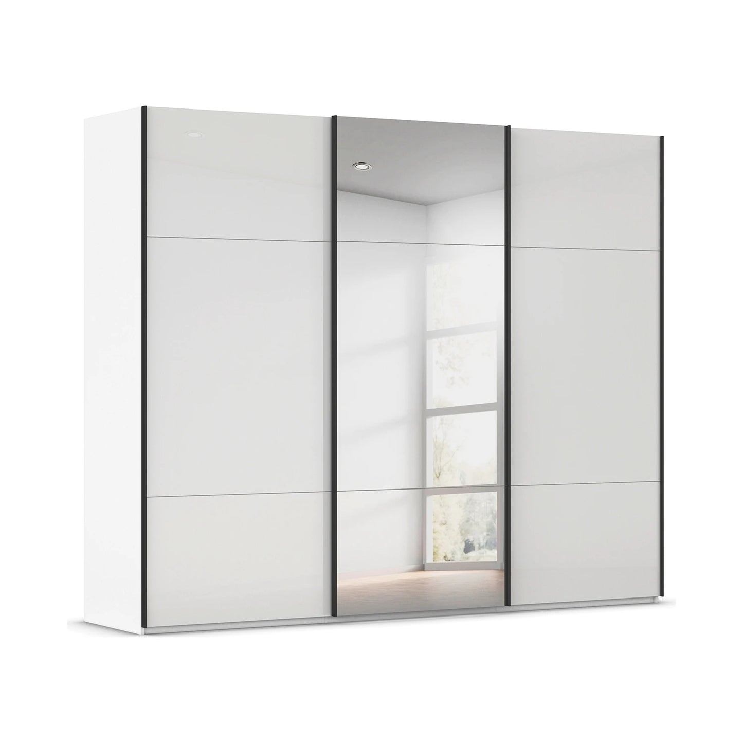 A modern three-door wardrobe with white side panels and two large sliding doors featuring a glossy white front and a mirrored Middle Door, shown on a plain white background.