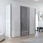 A modern Rauch sliding wardrobe with three doors in glossy glass white, and mirrored finishes, set in a bright, contemporary room with light wood floors and a gray rug.