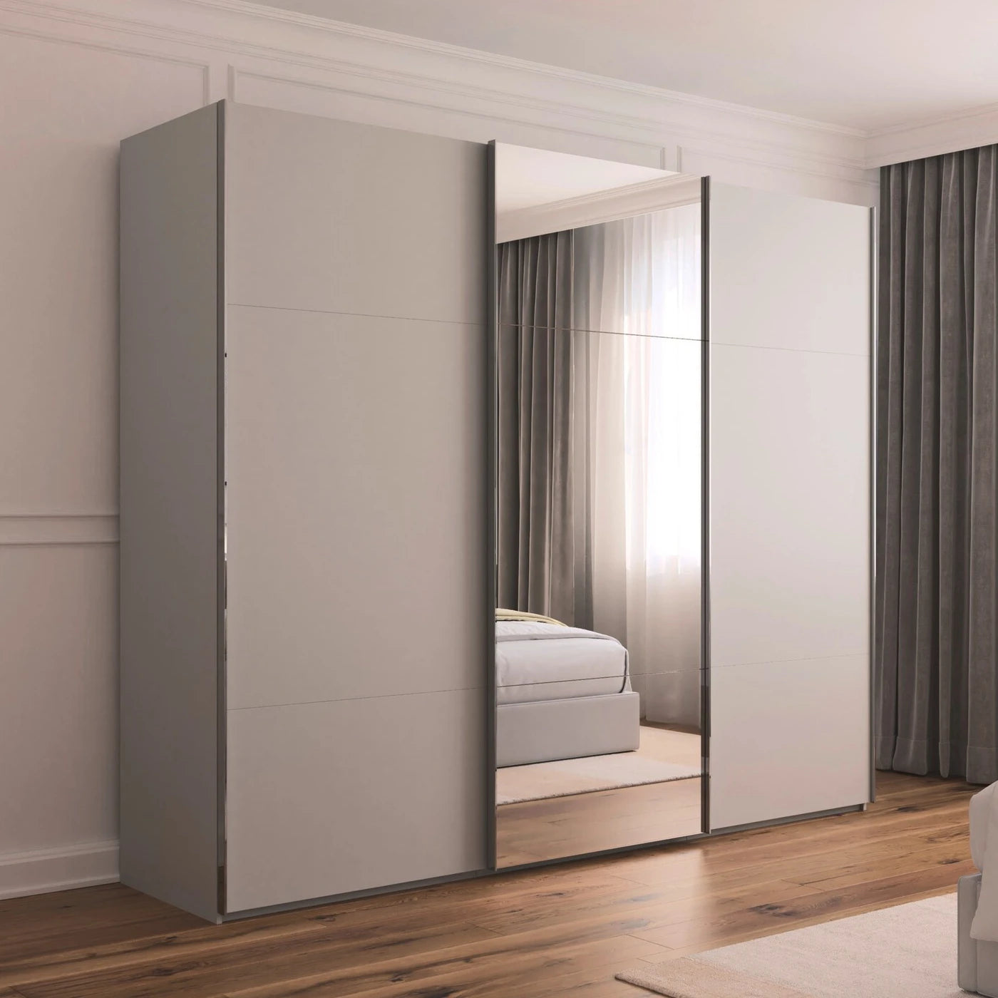 Rauch Orange Plus Contido Silk Grey Decor Large 3 Door Sliding Wardrobe with Middle Mirror Door