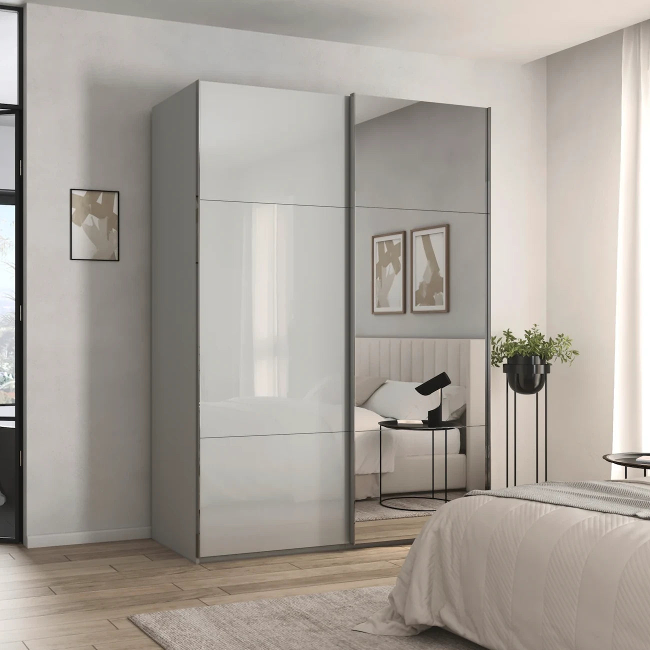 Modern Rauch Orange Plus Contido Silk Grey Glass Sliding Door Wardrobe with Mirror and. Chrome Handles
