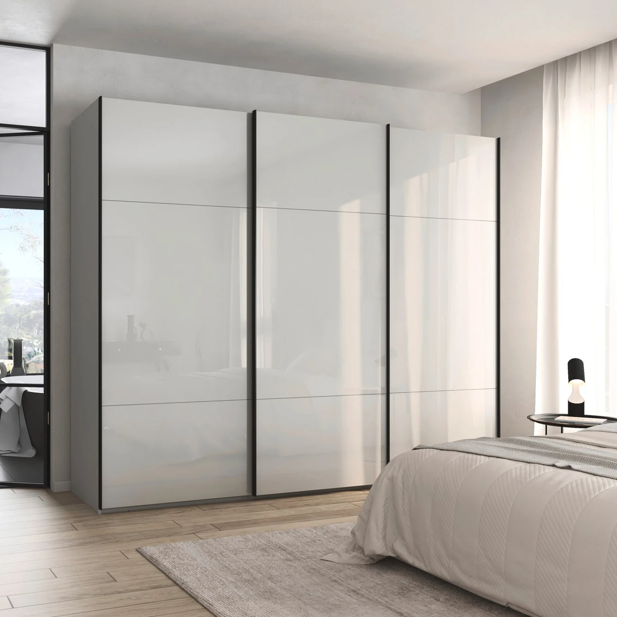 Rauch Orange Plus Contido Silk Grey Glass Large 3 Door Sliding Wardrobe with Black Handles