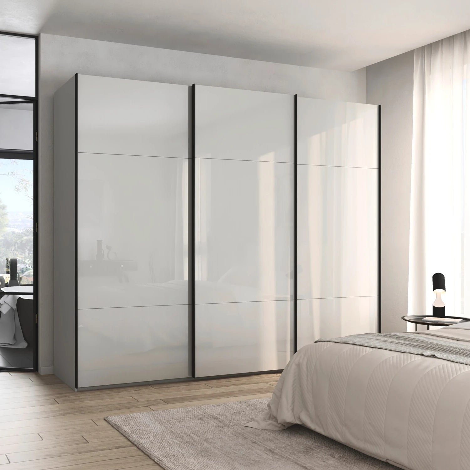 Rauch Orange Plus Contido Silk Grey Glass Large 3 Door Sliding Wardrobe with Black Handles