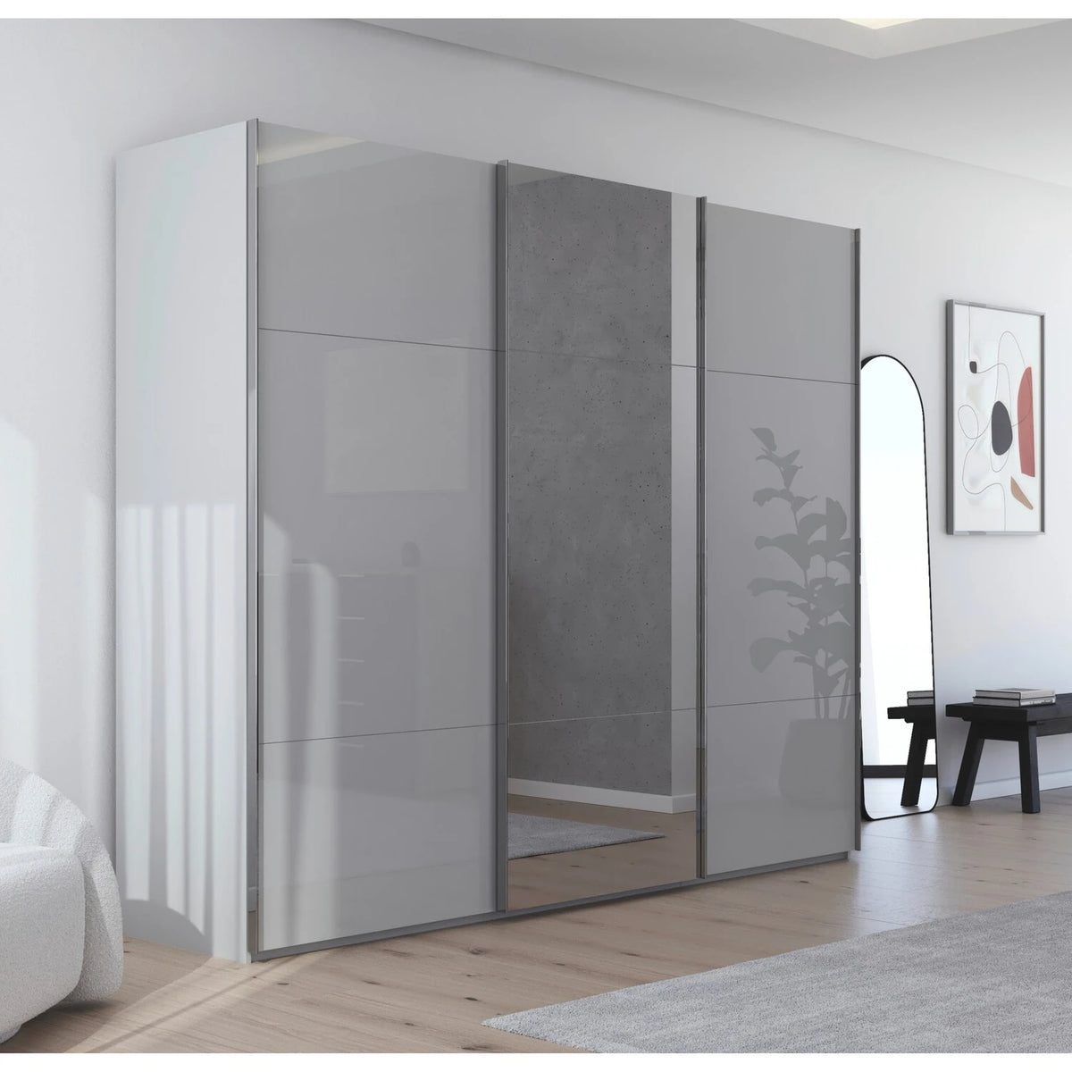 Rauch Orange Plus Contido Silk Grey Glass Large 3 Door Sliding Wardrobe with Middle Mirror Door
