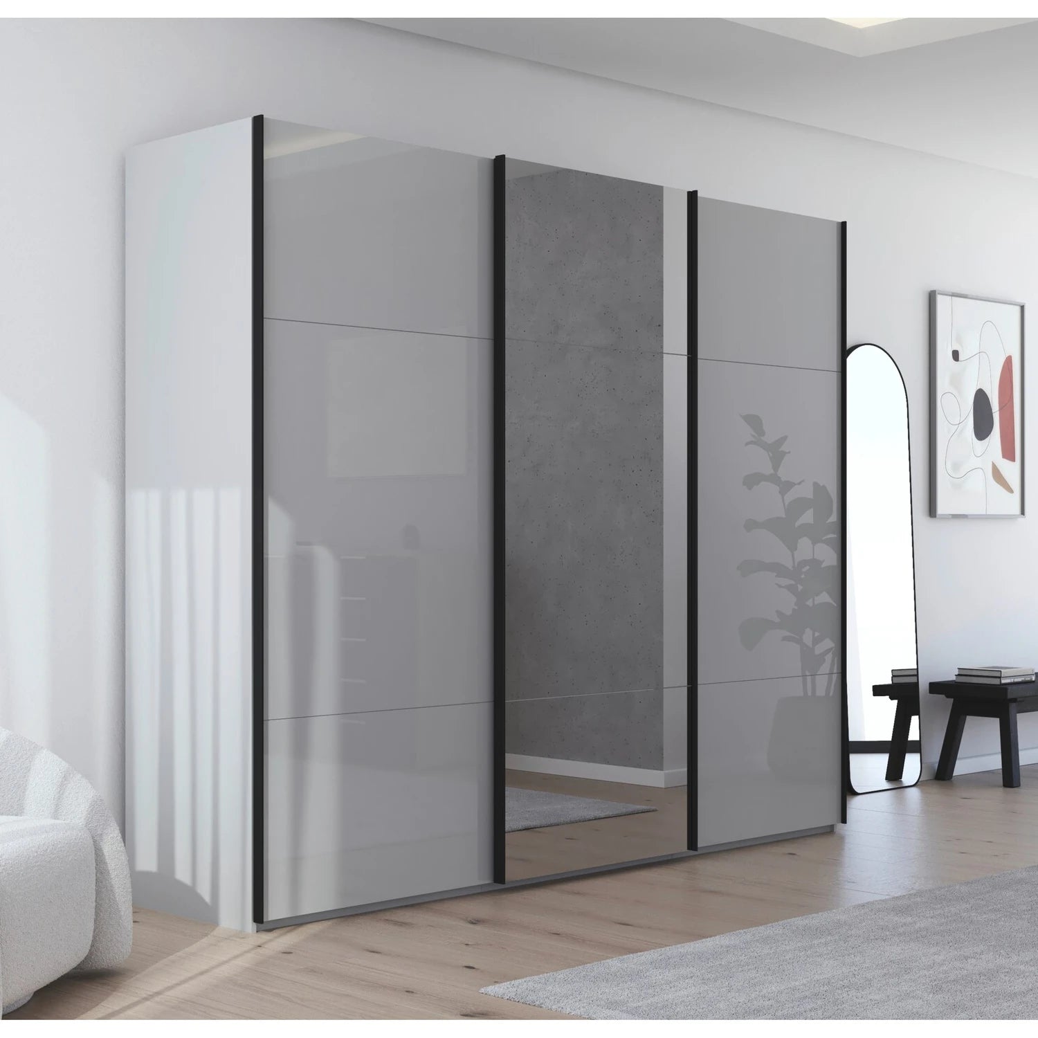 A modern three-panel sliding wardrobe with glossy gray glass doors, Middle Mirror door and slim black Handle bars