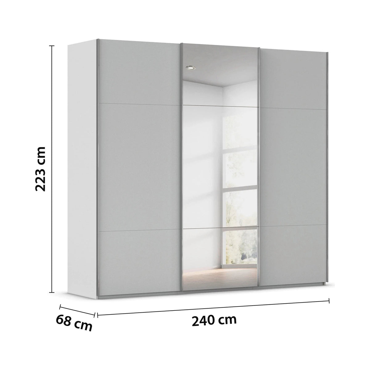 Rauch Contido 3 Door Sliding Wardrobe in Silk Grey With Dimensions on White Background