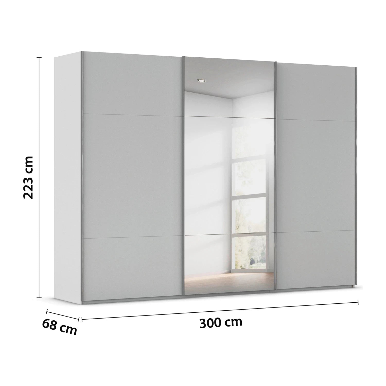 Rauch Orange Plus Contido Large 3 Door  Sliding Gray wardrobe with dimensions on a white background