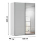 Rauch Orange Plus W160cm Contido silk grey sliding wardrobe showing the shorter top and bottom panels either side of the tall centre panel with dimensions labeled on a white background