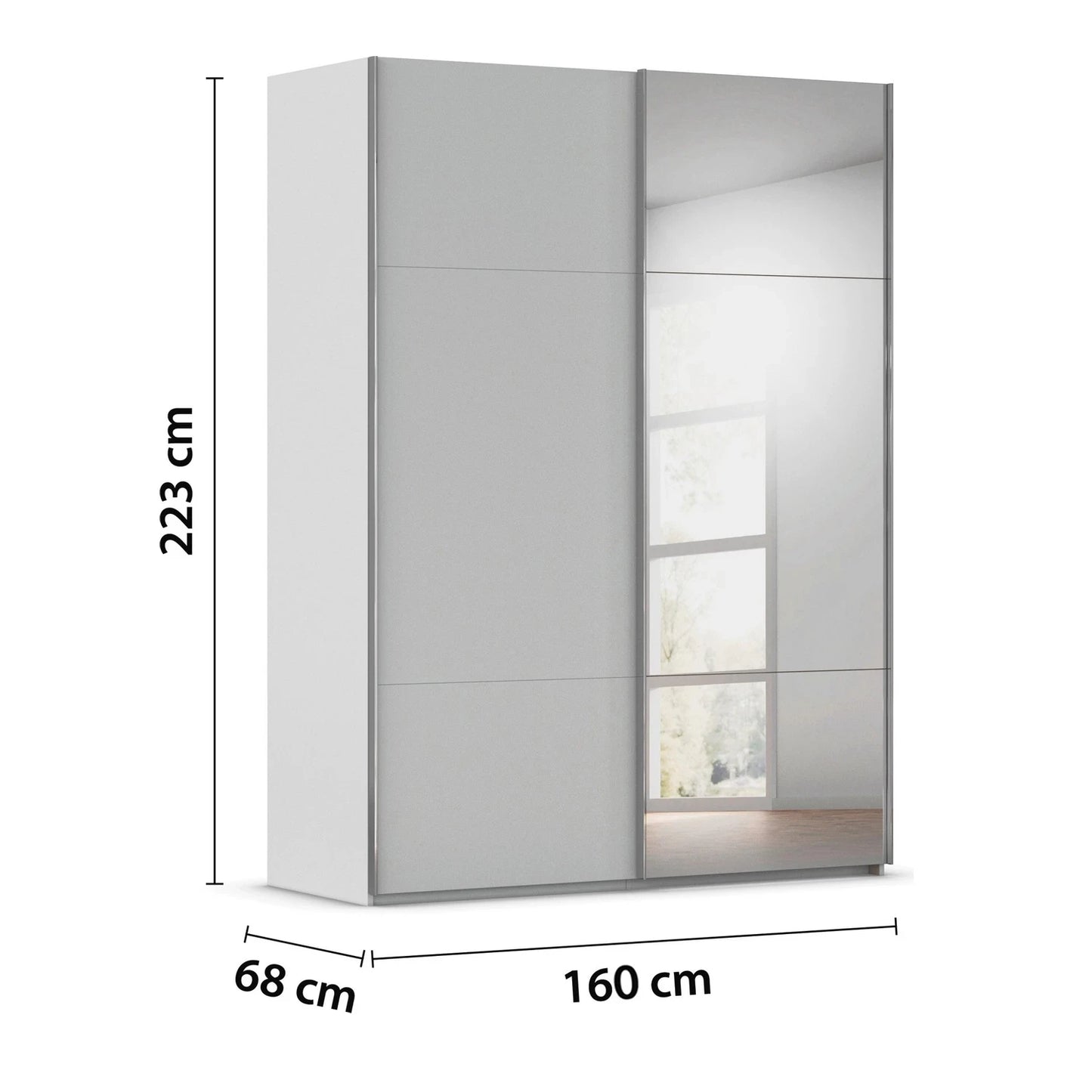 Rauch Orange Plus W160cm Contido silk grey sliding wardrobe showing the shorter top and bottom panels either side of the tall centre panel with dimensions labeled on a white background